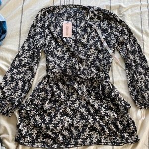 MISSGUIDED Black Frill Waist V-neck Smock Dress